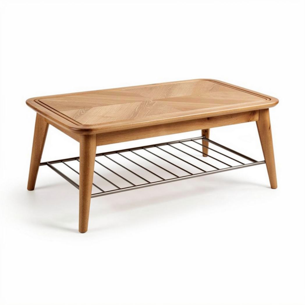 Table basse en bois clair avec étagère métallique dimensions 120 x 60 x 45cm