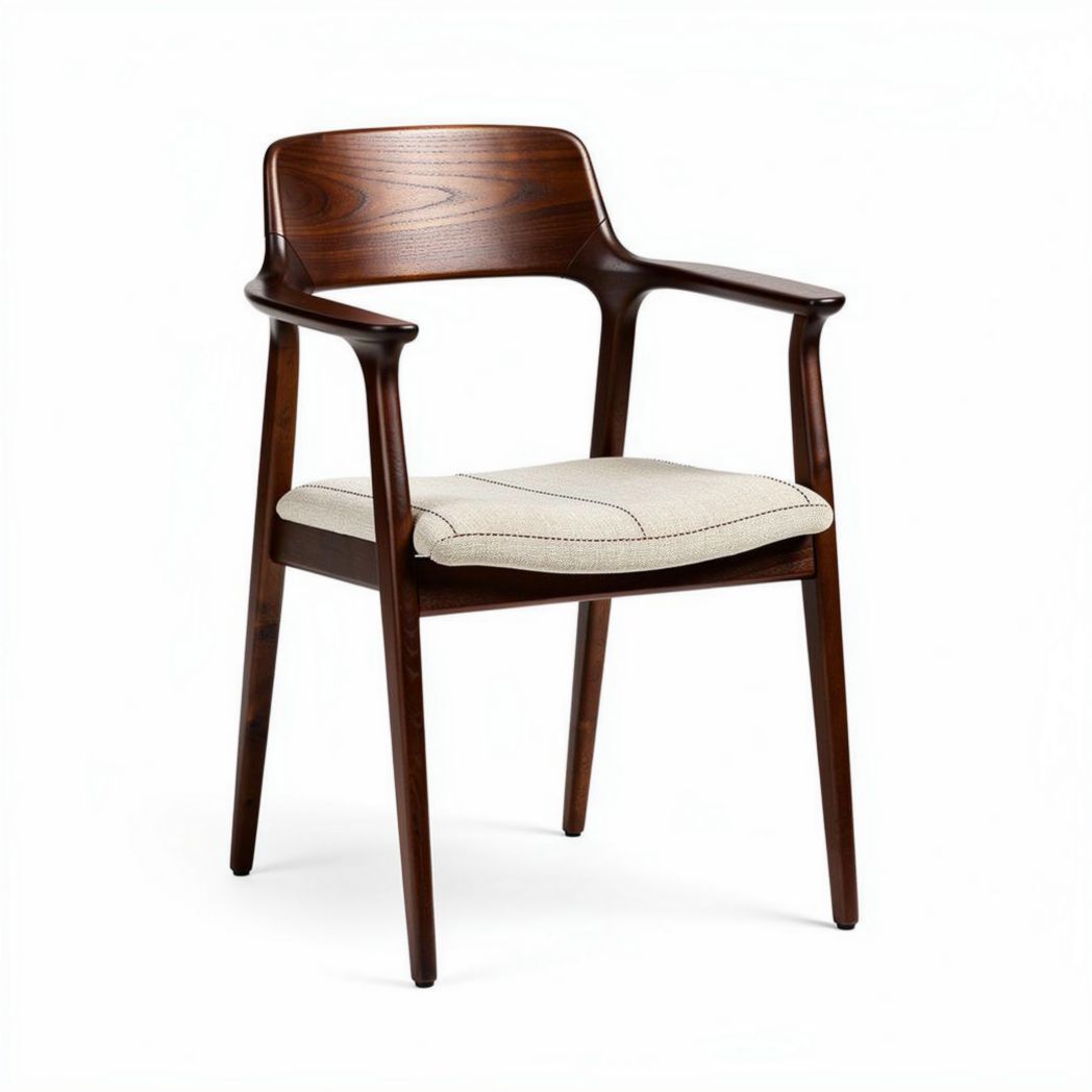 Chaise en bois foncé avec accoudoirs et assise en tissu beige 50 x 55 x 80cm